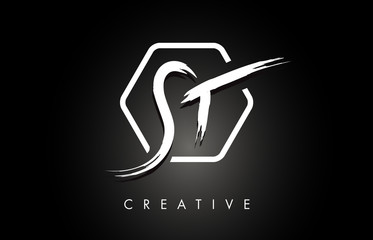 ST S T Brushed Letter Logo Design with Creative Brush Lettering Texture and Hexagonal Shape - obrazy, fototapety, plakaty