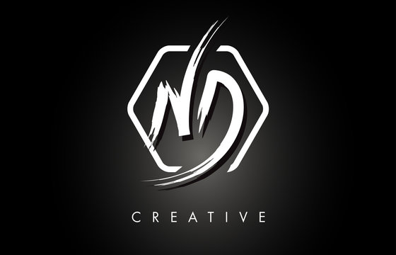 ND N D Brushed Letter Logo Design with Creative Brush Lettering Texture and Hexagonal Shape