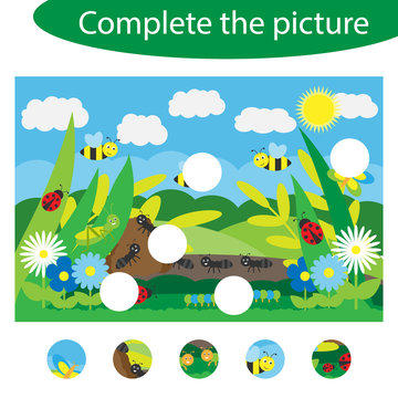 Complete the puzzle and find the missing parts of the picture, insect fun education game for children, preschool worksheet activity for kids, task for the development of logical thinking, vector