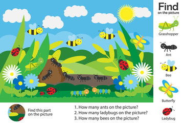 Activity page, glade picture in cartoon style, find images and answer the questions, visual education game for the development of children, kids preschool activity, worksheet, vector illustration