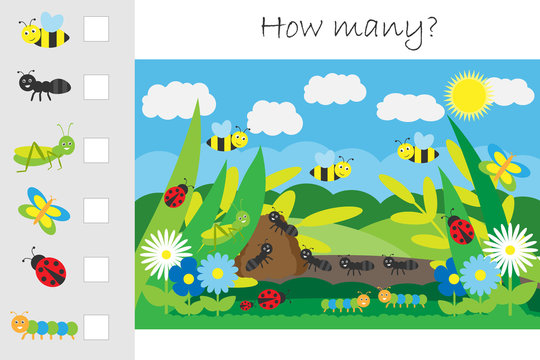 How many counting game, glade with insects for kids, educational maths task for the development of logical thinking, preschool worksheet activity, count and write the result, vector illustration
