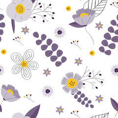 Purple and yellow floral pattern. Hand drawn elegant background with wild flowers. Spring and summer design for posters, bunners, greetings, prints, identity, web and more