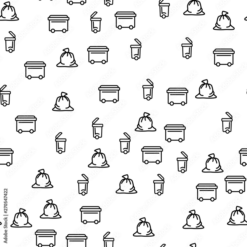 Poster waste emission collection seamless pattern vector. bag with trash and dumpster container waste recyc