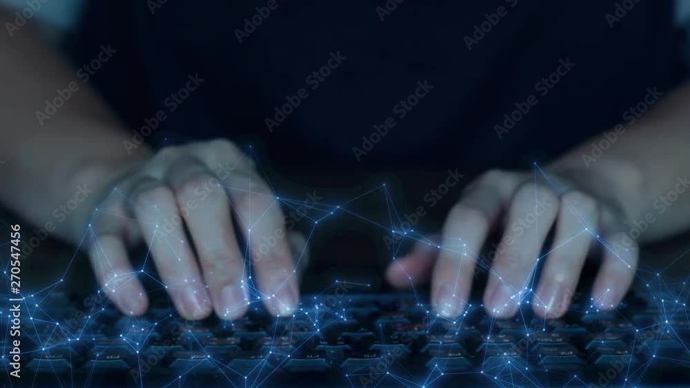 Fototapete Woman female developer is typing programming software script source code on keyboard overlay with glowing moving network dots and lines (Front view). For SDLC, hi tech background or intro clip