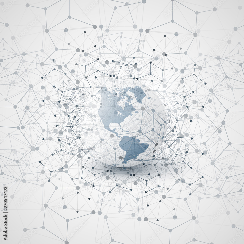 Poster cloud computing and global networks concept design with earth globe and geometric network mesh
