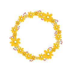 Beautiful floral wreath with yellow flowers. Round cute frame with your text. Design element for invitations, greeting cards, bunners and more