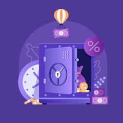Obraz premium Banking term deposit concept with unlocked moneybox, banknotes and coins. Longterm money saving finance illustration with opened safe in flat design.