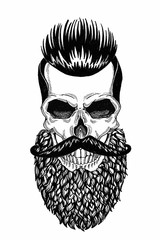 Monochrome illustration barbershop of skull with beard, mustache, hipster haircut and on white background, cartoon, angry, beautiful, brutal.