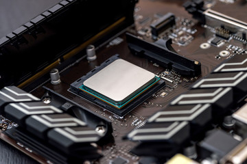 CPU on motherboard close up, computer theme