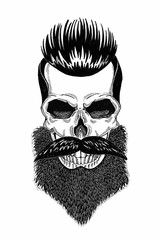 Monochrome illustration barbershop of skull with beard, mustache, hipster haircut and on white background, cartoon, angry, beautiful, brutal.