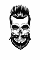 Monochrome illustration barbershop of skull with beard, mustache, hipster haircut and on white background, cartoon, angry, beautiful, brutal.