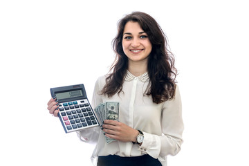 Woman with calculator isolated on white background