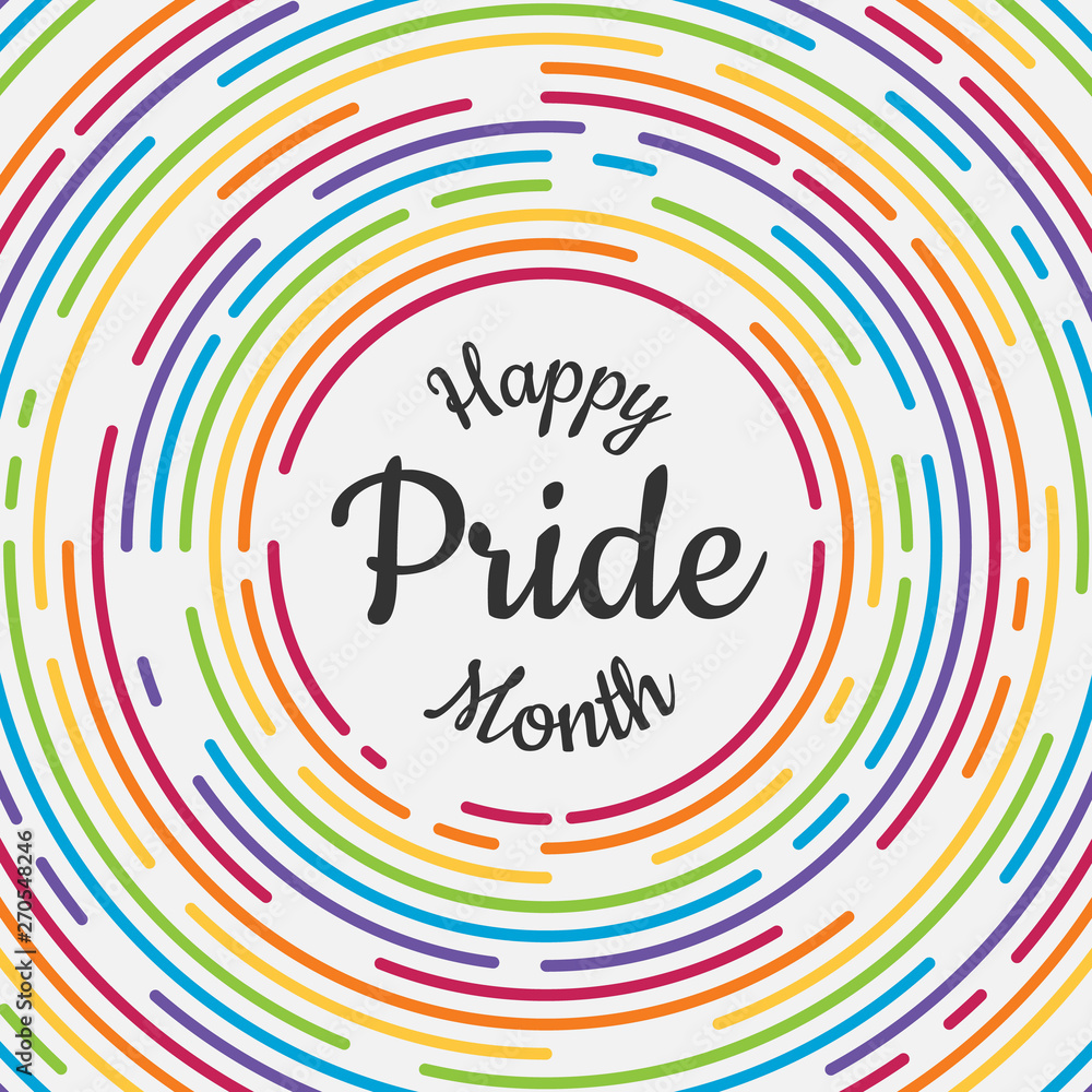 Poster happy pride month banner with typography text in abstract colorful rainbow line dash circle texture 