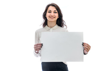 Naklejka premium Woman with sheet of paper isolated on white