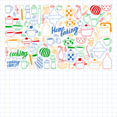 Vector set of children's kitchen and cooking drawings icons in doodle style. Painted, colorful, pictures on a sheet of checkered paper on a white background.