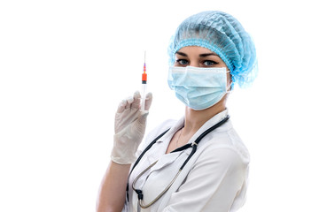 Doctor in mask with syringe isolated on white