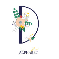 Spring and summer alphabet decorated with bouquets of flowers. Floral letter D. Hand drawn isolated vector illustration