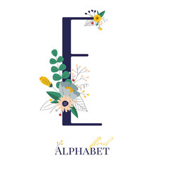 Spring and summer alphabet decorated with bouquets of flowers. Floral letter E. Hand drawn isolated vector illustration