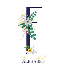 Spring and summer alphabet decorated with bouquets of flowers. Floral letter F. Hand drawn isolated vector illustration