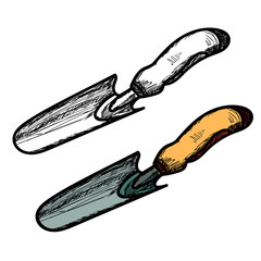 isolated, garden tools, garden spade with sketch, symbol