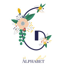 Spring and summer alphabet decorated with bouquets of flowers. Floral letter G. Hand drawn isolated vector illustration