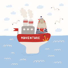 Hand drawn vector illustration of a cute walrus sailor on a ship, in the open sea, with seagulls, clouds. Scandinavian style flat design. Concept for children print.