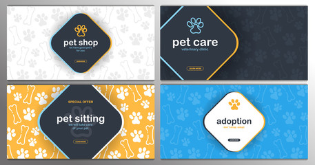 Pet shop, Care, Pet sitting. Adoption. Home animals. Banner with cat or dog paws. Hand draw doodle background. - 270549416
