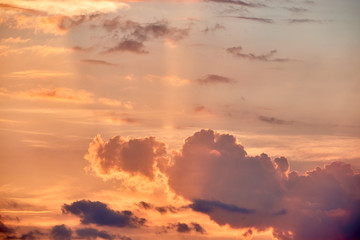 Beautiful sunset in evening time, copy space. Bright pink and yellow colors sky background. Evening twilight sky