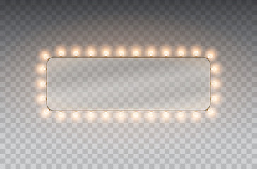 Light rectangle banner isolated on transparent background. Vector Hollywood bulbs frame or Las Vegas casino night sign. © Kindlena