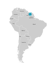 Vector illustration with simplified map of South America continent with blue contour of Suriname. Grey silhouettes, white outline of states' border