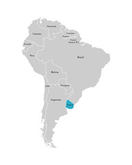 Vector illustration with simplified map of South America continent with blue contour of Uruguay. Grey silhouettes, white outline of states' border
