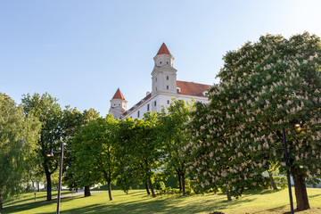 Fototapeta na wymiar Spring view of renovated Bratislava Castle and Gardens / Bratislava, Slovakia, May 2019