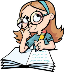 girl works homework and thinks about the task