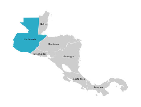 Vector illustration with simplified map of Central America region with blue contour of Guatemala. Grey silhouettes, white outline of states' border