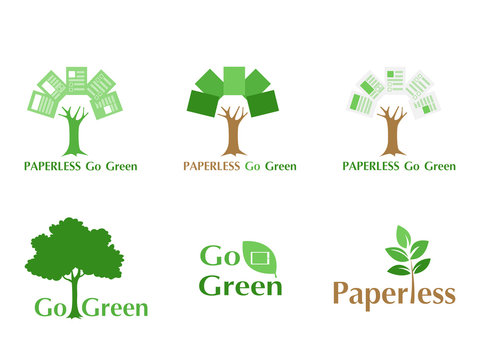 Set Of Paperless LOGO Go Green Concept, Paper Tree, Document Leaf, Save The Planet, Earth, Tree, Leaf Logo Design, Polygonal, Abstract, Flat Vector Style