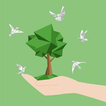 White Paper Birds Fly Around Hand Hold Land And Tree, Paperless Concept Go Green, Save The Planet. Low Polygonal Style Flat Vector