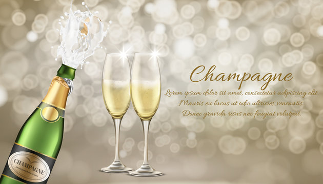Elite champagne realistic vector advertising banner template. Champagne splashing from bottle with flying out cork, two wineglasses filled sparkling wine or carbonated alcohol drink illustration