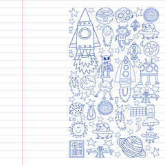 Vector set of space elements icons in doodle style. Painted, drawn with a pen, on a sheet of checkered paper on a white background.