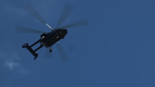 Russian ka-226 Kamov flying against the blue sky. Helicopter with two rotors