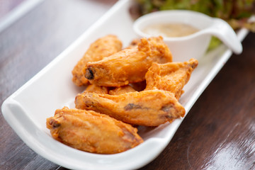 Fried Chicken, Sauce and Organic Vegetables, Beautifully decorated in white plate