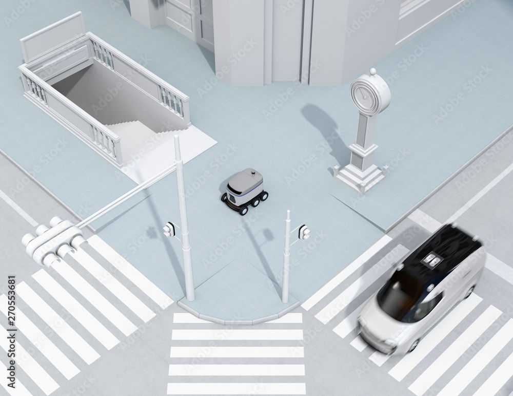 Poster self-driving delivery robot moving on the roadside. delivery minivan passing the crossroad. 3d rende