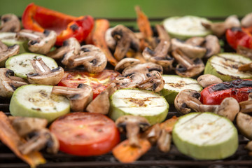 Healthy food preparing outdoors on summer or spring picnic. Grilled vegetables on grill on coals. Barbecue picnic on a meadow