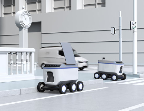 Self-driving delivery robots moving on the street. 3D rendering image.