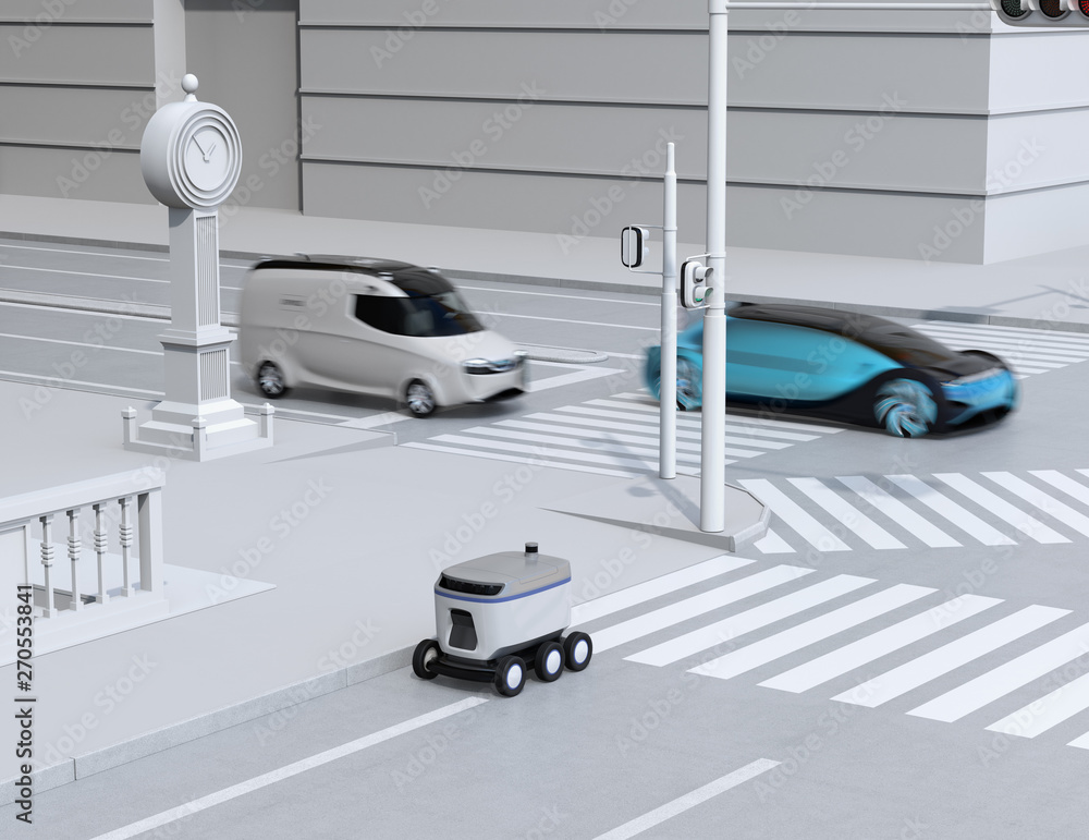 Poster self-driving delivery robot moving on the roadside. delivery minivan and self-driving sedan passing 