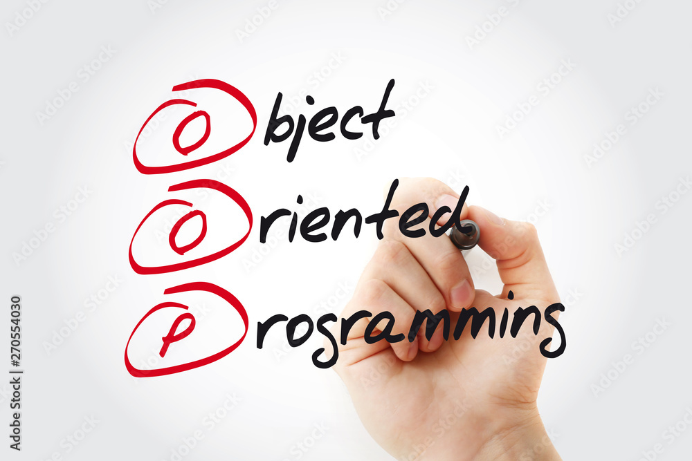 Poster hand writing oop object oriented programming with marker, acronym business concept
