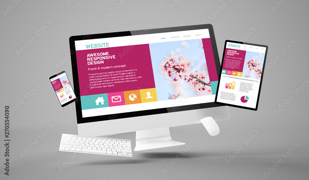 Poster computer, tablet and smartphone gravity showing awesome responsive website
