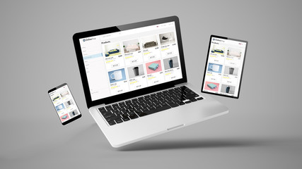 flying tablet, laptop and mobile phone showing online shop website - 270554052