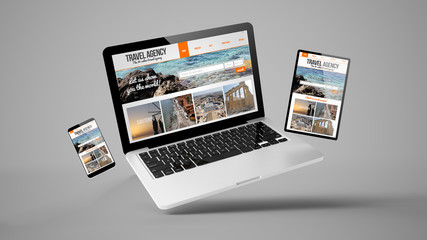 flying tablet, laptop and mobile phone showing travel agency responsive web design - obrazy, fototapety, plakaty