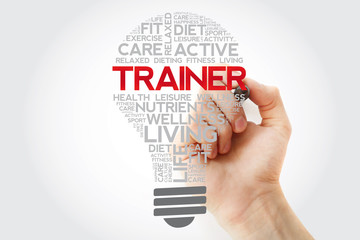 TRAINER bulb word cloud collage with marker, health concept background