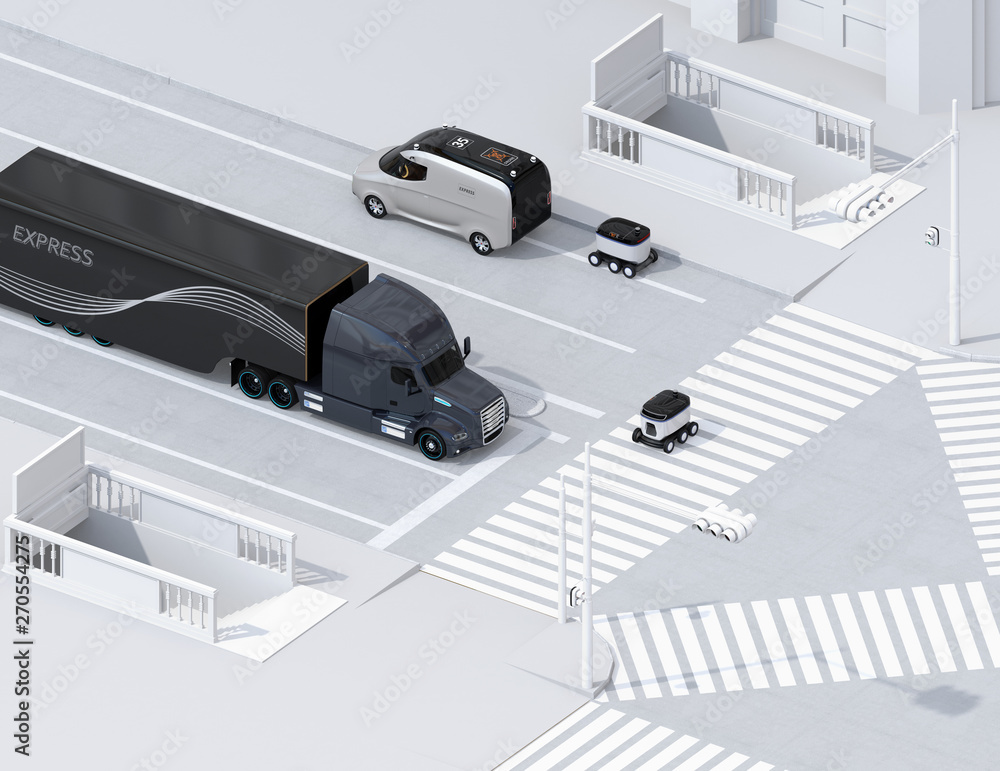 Poster isometric view of self-driving delivery robot crossing the road with a pedestrian crossing. 3d rende